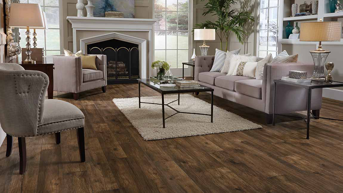 Laminate flooring in a living room, installation services available.